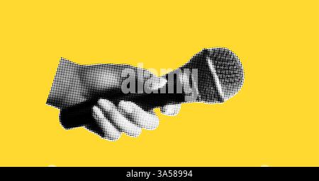 A hand holds a microphone. Collage element in halftone effect. Pop art illustration on bright yellow background. Vector png Stock Vector