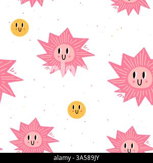 Cartoon seamless texture. White background. Doodle ellements with fun faces. Kids childish pattern. Stock Vector