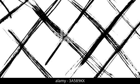 A black and white abstract pattern featuring bold, diagonal brush strokes crossing each other in a crisscross design, creating a dynamic and artistic Stock Vector