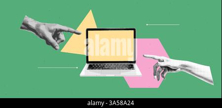 Pop art collage banner with two hand are touching a laptop mockup with empty yellow screen. Teamwork concept. Send and trust. Halftone element on Stock Vector