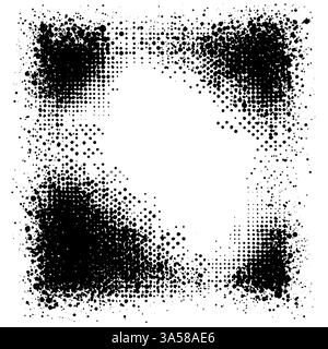 Vector grunge frame with halftone dot gradient and rough texture. Black and white stipple effect with faded edges and grainy overlay. Stock Vector