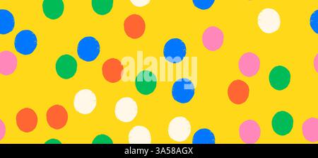 Whimsical seamless vector polka dot pattern with playful crayon spots and colorful confetti. Primary colored design for party or carnival yellow Stock Vector