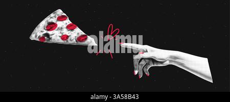 The hand reaches for the pizza. A modern trendy illustration. Halftone effect collage with colorful doodles. Vector banner on noisy background Stock Vector