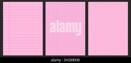 Set of notebook pages with lined and grid patterns. Vector background featuring pink and blue notepaper sheets for school or office use. Blank memo Stock Vector