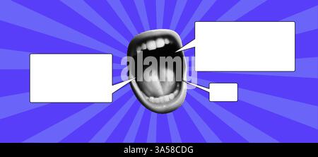 Collage of a halftone mouth with a speech bubble, yelling in a pop art style. Blue sunburst background. Stock Vector