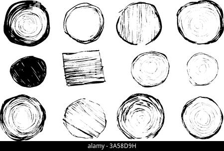 A collection of hand-drawn circular shapes in various styles, including solid black, textured, and empty circles. The design features a mix of bold Stock Vector