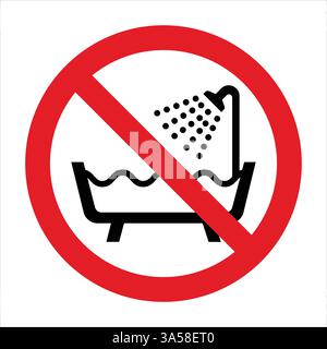 Prohibition sign with a bathtub and shower inside a red crossed circle, indicating no showering or bathing allowed Stock Vector