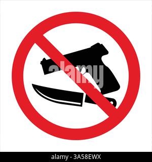 Red prohibition sign against carrying dangerous weapons like guns and knives, promoting safety and security Stock Vector