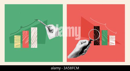 Set of Two square illustration of the theme of finance. Down and up chart with collage halftone hand with pencil and magnifying glass. Finance Stock Vector