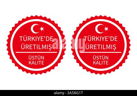 Made in Turkiye round labels in English and in Turkish languages. Quality mark vector icon. Made in Turkey.  Perfect for logo design, badges, tags, st Stock Vector