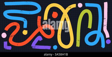 Playful Grunge Lines and Shapes Set. Colorful Vector Curves, Brush Strokes, and Abstract Waves with Splash Background. Stock Vector