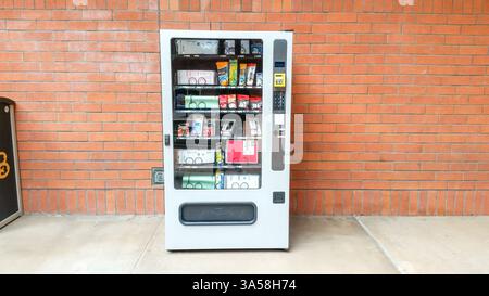 Long Beach, California, United States - 07-12-2019: A view of a vending machine with school supplies merchandise inside. Stock Photo