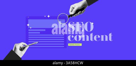 SEO Content Banner Collage with Halftone Magnifying Glass in Hand. Design for Digital Search, Data Analysis, Internet Marketing. Vector Icon for Stock Vector