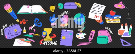 A set of modern back-to-school-themed stickers. Motivational phrases for the diary. Bright, contemporary illustration. Pack of trendy vectors. Stock Vector