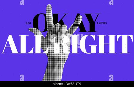 .Trendy pop art collage featuring halftone effects with a punk rock and techno concert vibe. Vector illustration with hand gesture, torn paper, and Stock Vector