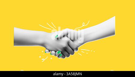 A collage banner with a handshake theme. Women's hands make a deal. Handling halftone effect with doodles on yellow background with hand drawn texture Stock Vector