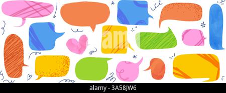 Set of childish speech balloon with trendy scribble textures. Kit of speak bubble with doodle sketches isolated on white bg. Bold and bright vector Stock Vector