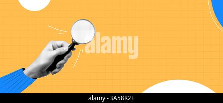Vector collage banner. With the hands of the photographer who holds the banner. Social Media. Halftone style. Smm funnel to attract followers and Stock Vector