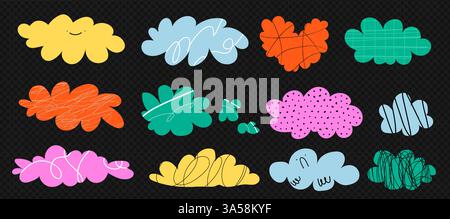 A set of clouds with hand drawn textures and lines. Vector trendy illustration. Cartoon clouds with a smile Stock Vector