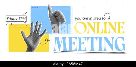Corporate online meeting banner with halftone hand collage. Remote work concept showcasing video conference, team collaboration, and digital Stock Vector