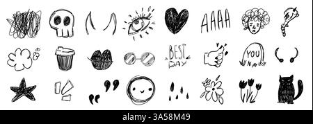 Set of grunge vector illustrations drawn with pencil. Punk doodle icons for stickers. Swag style graphiti Stock Vector