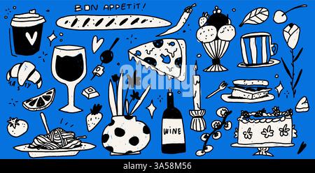 Doodles on the theme of a romantic French or Italian dinner with pizza and pasta and wine. Bold trendy vector elements. Illustration on blue bg . Stock Vector
