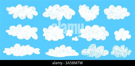 Simple scribble white clouds set. Cute and kawaii elements collection on blue bg like a png. Vector naive art illustration. Stock Vector