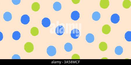 Seamless vector pattern of irregular crayon dots and splotches with a grunge effect. Abstract polkadot design featuring chaotic blue and green spots. Stock Vector