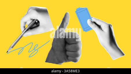 Set of hands with gestures - writing with a pencil, holding a ticket, showing the gesture of liking. Collage element in halftone effect. Pop art Stock Vector