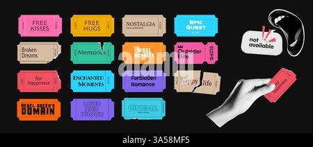 A set of tear-off tickets with teenage phrases. Paper torn elements for trendy collage design. Vector illustration with vibrant wavy coupons. Stock Vector
