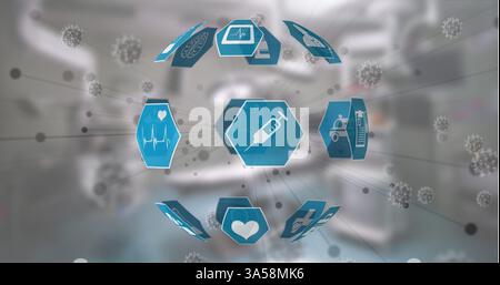 Floating digital healthcare icons in futuristic medical setting, showcasing innovation Stock Photo