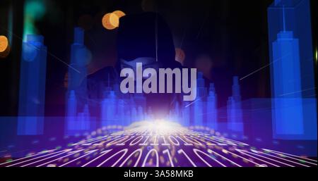 Hacker in dark room surrounded by digital binary code and virtual skyscrapers Stock Photo