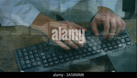 Hands typing on keyboard with digital data overlay, focusing on technology concept Stock Photo