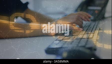 Hands typing on keyboard with digital data overlay, focusing on technology Stock Photo