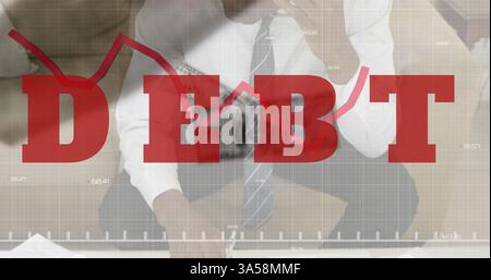 Businessman analyzing financial charts with large DEBT text overlaying scene Stock Photo