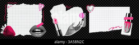 A collection of torn notebook papers. With elements of collage hands and stickers. Scotch tape and marker sketches. Modern punk notes. Stock Vector