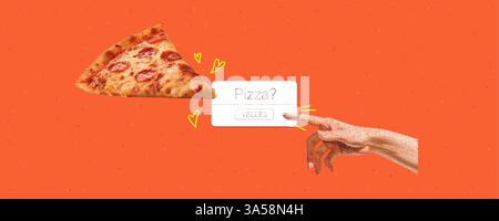 The hand reaches for the pizza with notification. A modern trendy illustration. Halftone effect collage with colorful doodles. Vector banner on noisy Stock Vector