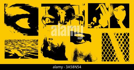 Set of grunge y2k photocopy. Brutal and grain texture. Pop art dirty style. Black punk elements on yellow background. Vector isolated illustrations. Stock Vector