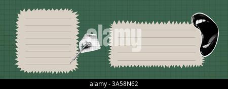 Set of vector torn papers with collage elements. Black and white and green in trendy popart style. Ripped banners vintage art on grid background. Stock Vector
