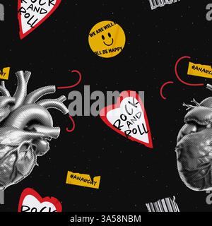 Grunge seamless pattern with a noisy background. Halftone heart and rock stickers, contemporary background. Trendy vector illustration and collage. Stock Vector