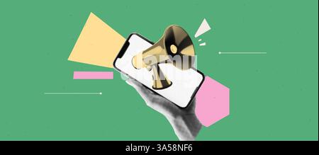 Geometric abstract bg with halftone collage elements. Hand hold phone with empty screen and loudspeacker. App cover mockup. Vibrant banner. Vector Stock Vector