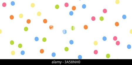 Vector crayon dot pattern with colorful splotches. Irregular, whimsical polkadot seamless background in primary colors. Stock Vector