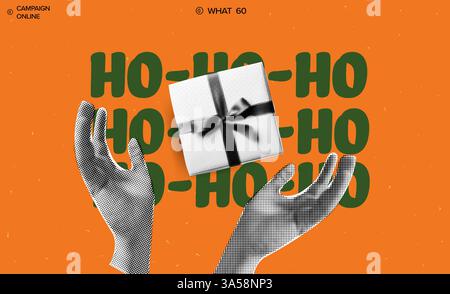 Trendy pop art collage with halftone elements and Dadaism style for Christmas. Modern vector design for creative holiday cards, posters, and party Stock Vector