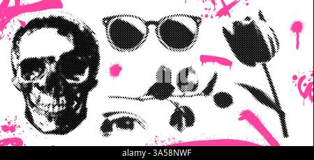 Abstract collage poster featuring a halftone skull, sunglasses, rose, and eye. Punk vector design with retro grunge elements, pop art doodles, and Stock Vector
