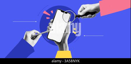 A collage on the theme of Application Design Development. Hands with phone and pencil and magnifying glass. Bright trendy vector banner in popart Stock Vector