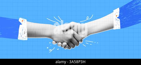 A collage banner with a handshake theme. Womens hands make a deal. Handling halftone effect with doodles on blue checkered background with hand drawn Stock Vector
