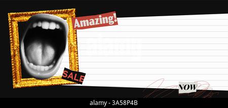 Black Friday sale banner featuring a scream sticker and glittery gold frame collage. Vintage pop poster template with punk elements. Stock Vector