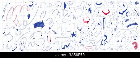 Set of handdrawn scribble arrows. Squiggly line strokes. Doodle elements. Infographic decoraring set. Collection of vector guides. Pen lines at the Stock Vector