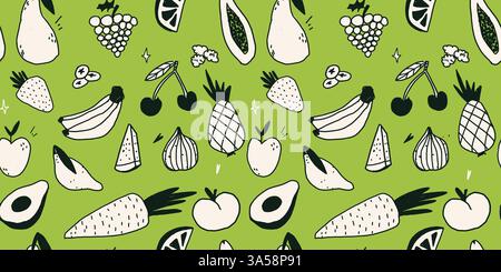 Background with tropical fruits. White and green colors. Scribble vector elements. Trendy fresh banner with healthy products. Seamless Healthy pattern Stock Vector