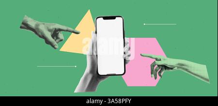 Pop art collage banner with two hand are touching a phone mockup with empty screen. Teamwork app development concept. Send and trust. Halftone element Stock Vector
